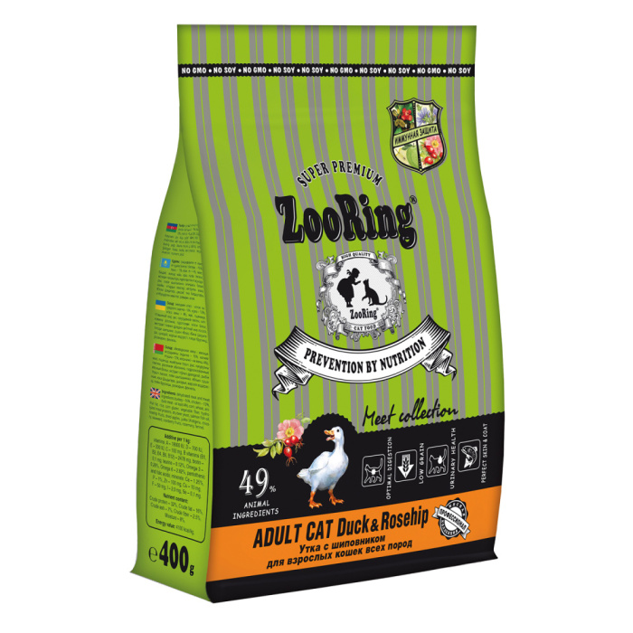 ZOORING ADULT CAT DUCK&Rosehip Сухой корм для взрослых кошек всех пород Утка с шиповником, (418165, 400 г)