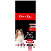 Pro Plan Для собак средних пород, чувствительная кожа, лосось, рис, 12 кг + 2 кг в подарок