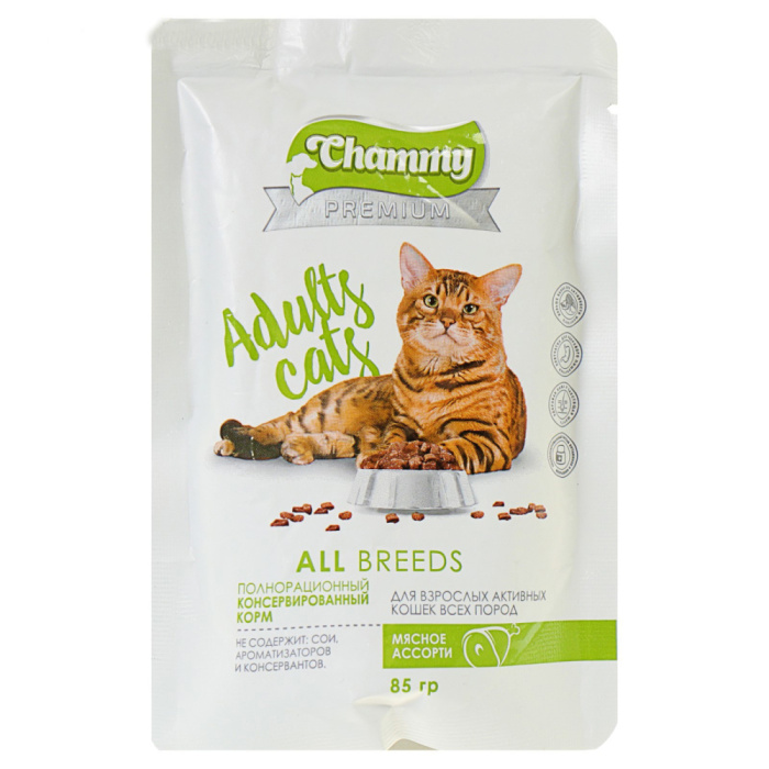 Chammy Premium Влажный корм для кошек, мясное ассорти, 85 г