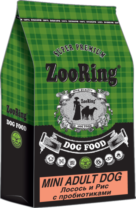 ZOORING MINI ADULT DOG Сухой корм для взрослых собак мини и средних пород Лосось и рис с пробиотиками,10 кг, 20 кг, 700 гр