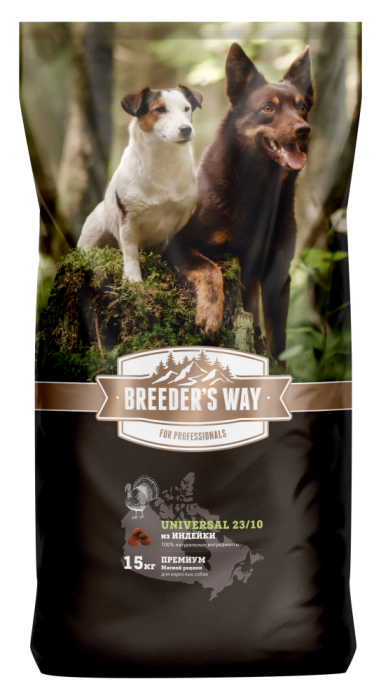 Breeder's Way Universal, сухой корм для взрослых собак из индейки15 кг, 2,2 кг