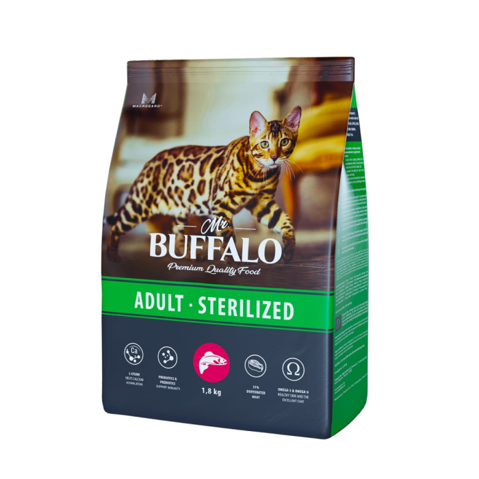 Mr.Buffalo STERILIZED Сухой корм для кошек, лосось,0,4 кг, 1,8 кг