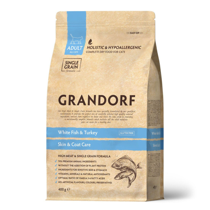 GRANDORF SKIN&CARE, сухой Белая рыба с индейкой - забота о коже и шерсти для кошек, (400 гр, 14, 7, 23.5, GD Fish SC 400 N)