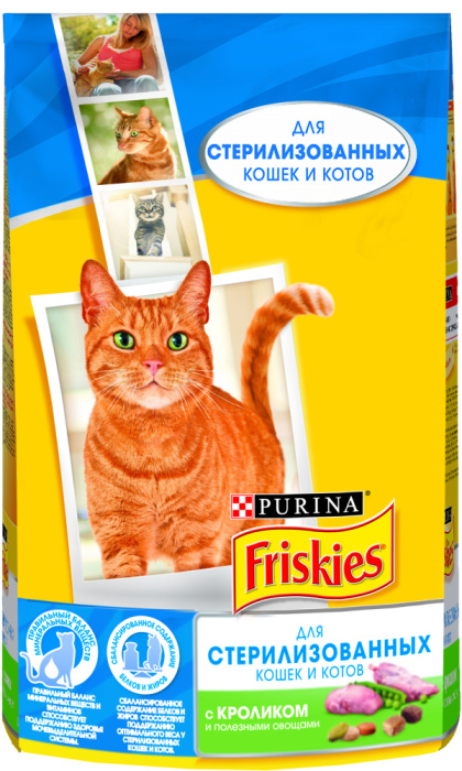 Friskies Sterilised сухой корм стерилизованных кошек и кастрированных котов, с кроликом и полезными овощами,300 гр, 1,5 кг