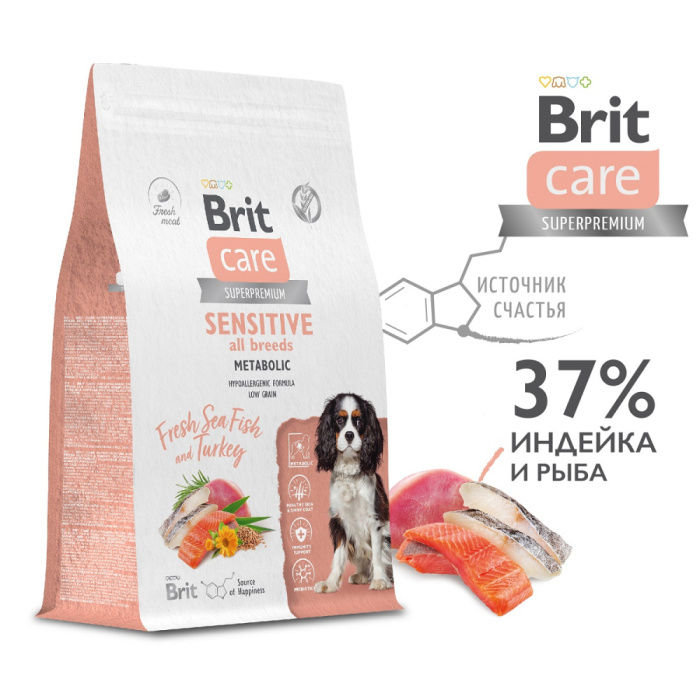 Brit Care Superpremium Dog Adult Sensitive с морской рыбой и индейкой для взрослых собак всех пород, Улучшенный обмен веществ, 1,5 кг, 3 кг., 12 кг