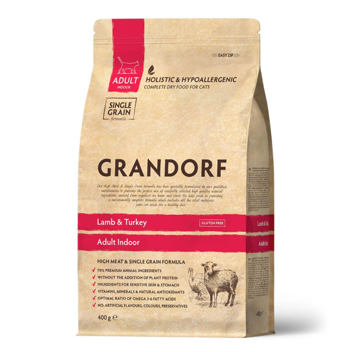 GRANDORF Adult Indoor Низкозерновой сухой корм для взрослых кошек, постоянно живущих в помещении, ягненок и рис, (400 гр )