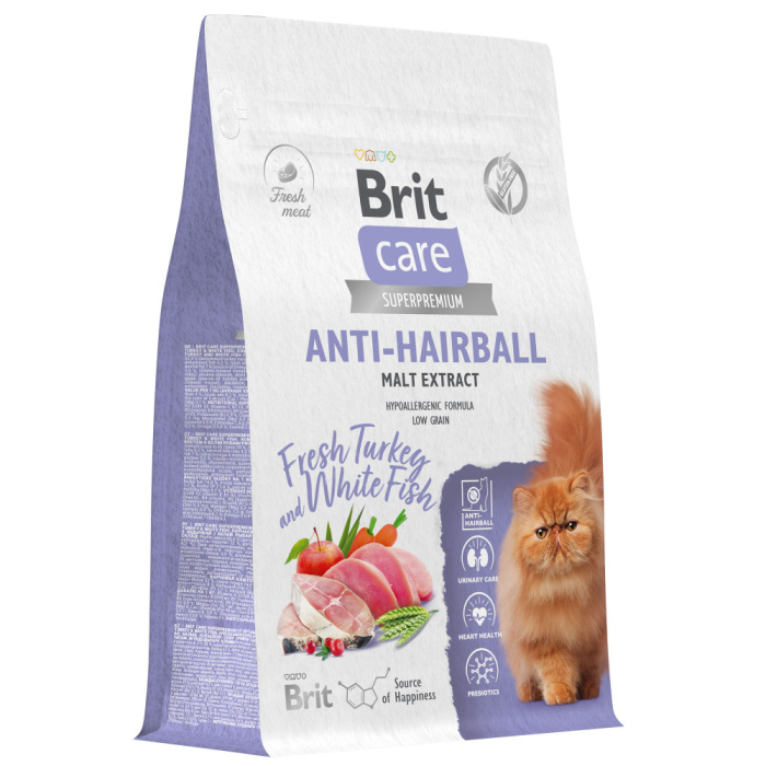 Brit Care Superpremium Cat Anti-Hairball с белой рыбой и индейкой для взрослых кошек, Вывод шерсти, 400 г, 1,5 кг
