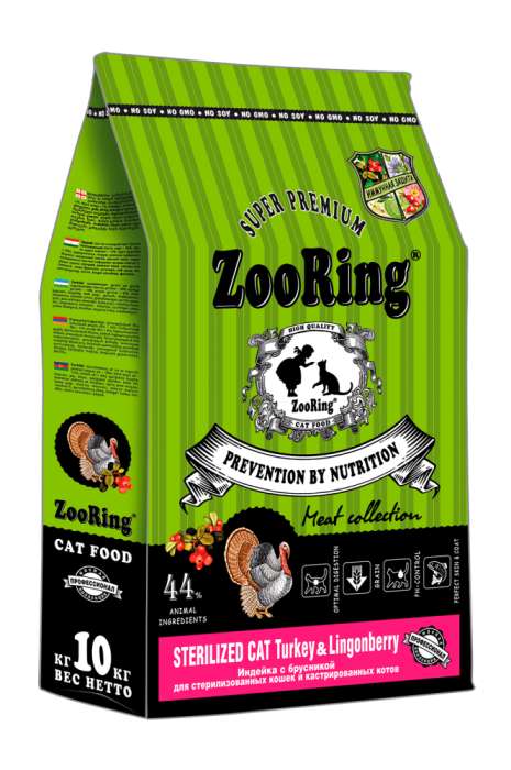 ZOORING Sterilized CAT TURKEY&Lingonberry Сухой корм для стерилизованных кошек и кастрированных котов всех пород Индейка с брусникой (10 кг, 100243)