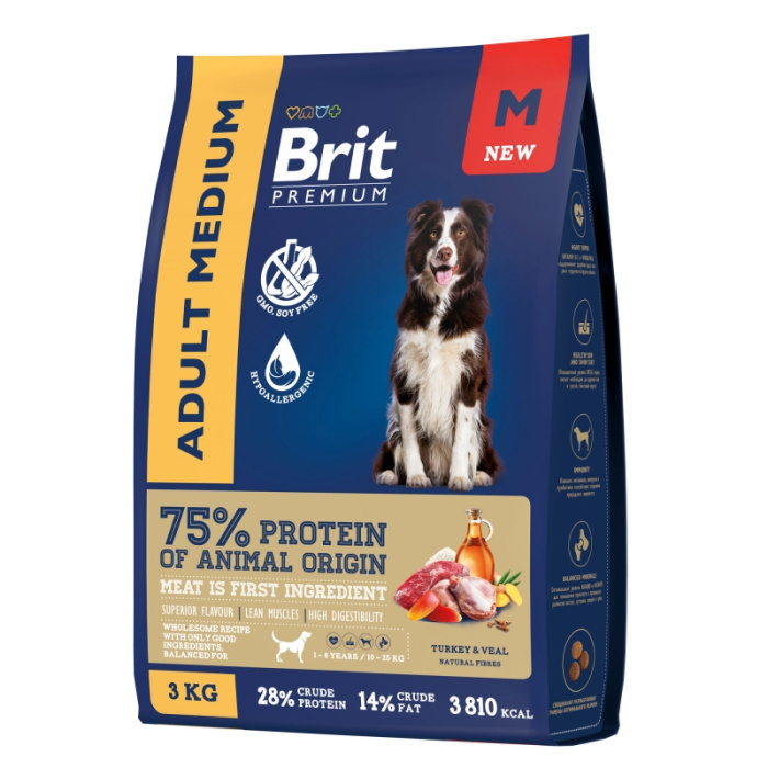 Brit Premium Adult Medium с индейкой и телятиной для взрослых собак средних пород (10–25 кг),1 кг, 3 кг, 8 кг, 15 кг