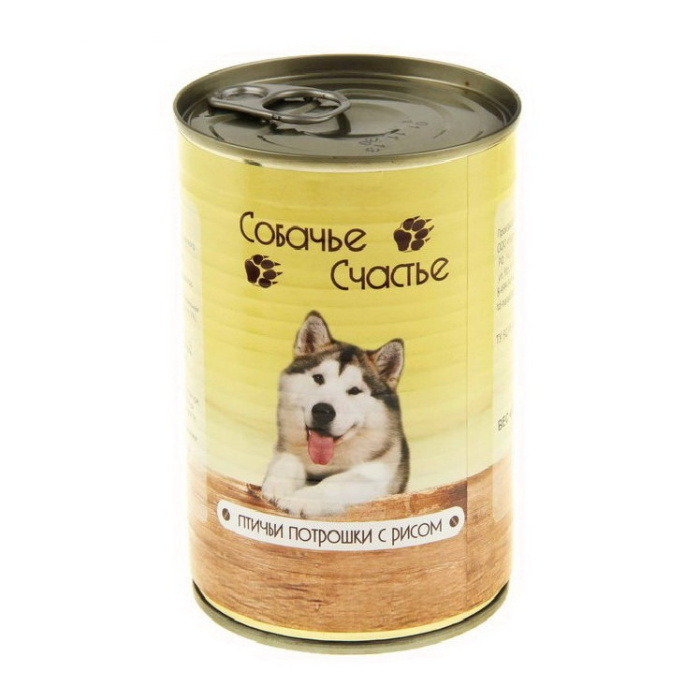 Собачье счастье консервы для собак Птичьи потрошки с рисом 410 г