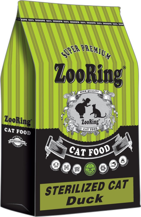 ZOORING STERILIZED CAT DUCK Сухой корм для стерилизованных кошек и кастрированных котов всех пород Утка,10 кг, 350 гр, 1,5 кг