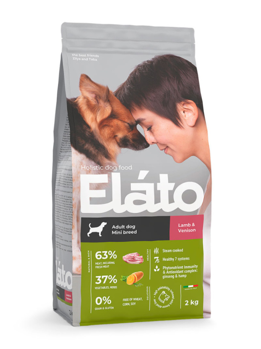 Elato Holistic сухой корм для взрослых собак мелких пород с ягненком и олениной,500 г, 2 кг.