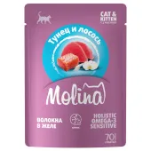 Molina Пауч с Тунцом и Лососем для котят и кошек, волокна в желе, 70 г