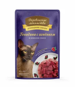 Деревенские лакомства влажный корм для взрослых кошек с говядиной и ягнёнком в нежном соусе, 85 г
