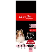 Pro Plan сухой корм для собак средних пород, чувствительная кожа, лосось, рис, 12 кг + 2 кг в подарок