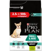 Pro Plan АКЦИЯ, Small & Mini Adult Sensitive Digestion, для взрослых собак мелких пород, с чувствительным пищеварением, ягненок и рис, 2,5 кг + 500 г
