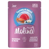 Molina Пауч с Тунцом и Крабом для котят и кошек, волокна в желе, 70 г