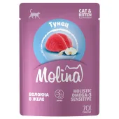 Molina Пауч с Тунцом и морским окунем для котят и кошек, волокна в соусе, 70 г